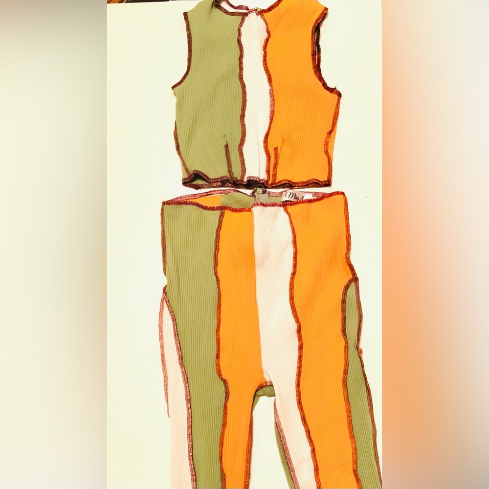MISS 8 Orange/Olive Green 2 Piece pant and crop top outfit